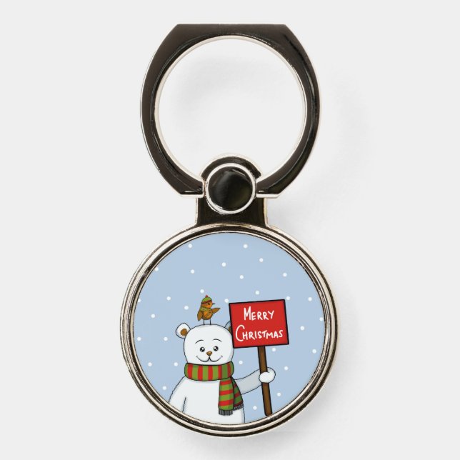 Polar Bear and Robin Christmas Greeting Phone Ring Stand (Front)