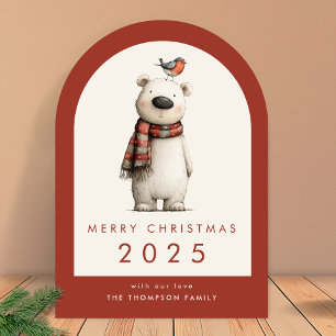 Polar Bear and Robin  Merry Christmas Arch Holiday Card
