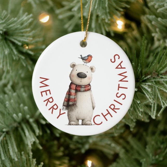 Polar Bear and Robin Merry Christmas Ceramic Ornament (Tree)