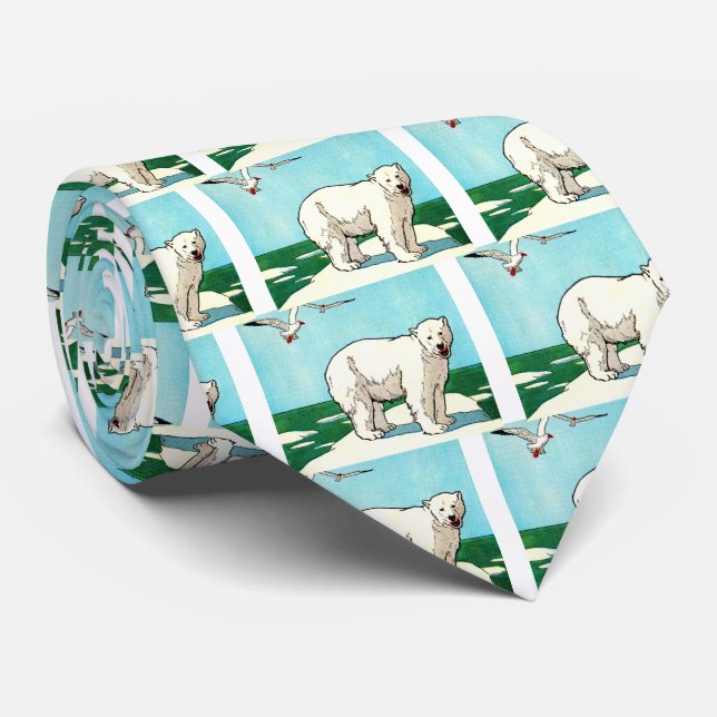 polar bear and seagulls print neck tie (Rolled)