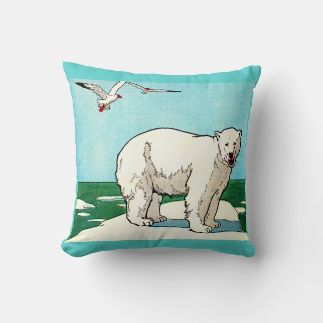 polar bear and seagulls print throw pillow (Front)