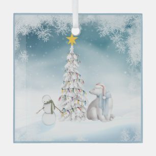 Polar Bear and Snowman Glass Christmas Ornament