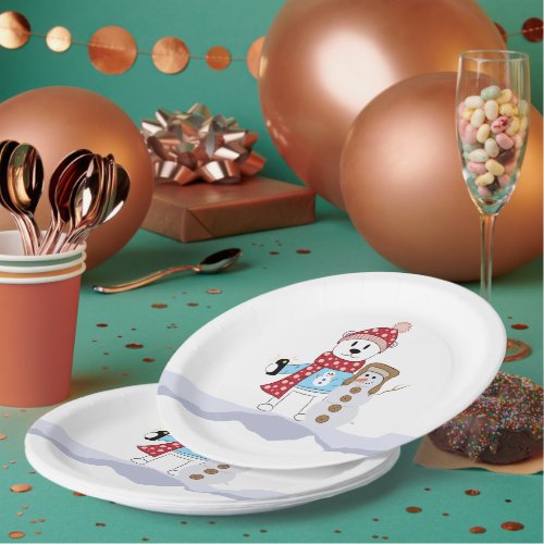 Polar Bear and Snowman White Holiday Paper Plates