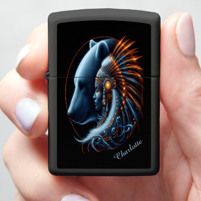 Polar Bear and Warrior Woman Blend in Harmony B Zippo Lighter (In Hand)