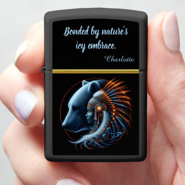Polar Bear and Warrior Woman Blend in Harmony Zippo Lighter (In Hand)