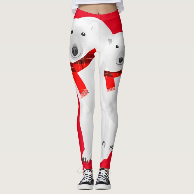 Polar Bear and White Wolf Red Plaid Scarf Leggings (Front)