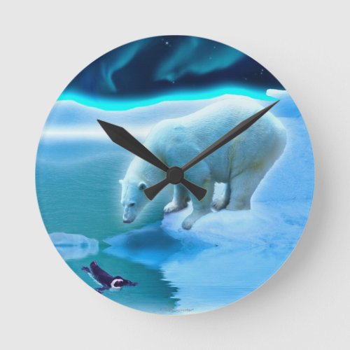 Polar Bear  Arctic Penguin Aurora Art Clock