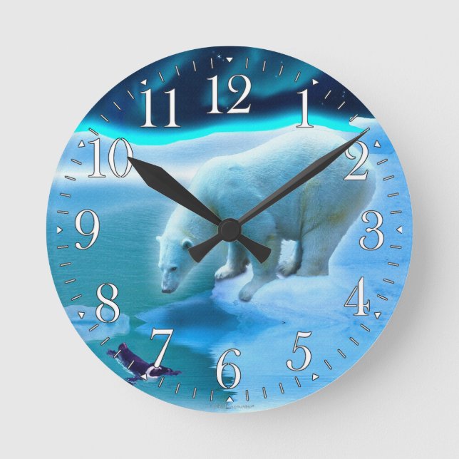Polar Bear & Arctic Penguin Aurora Art Clock (Front)