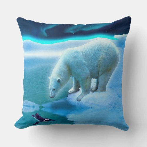 Polar Bear  Arctic Penguin Aurora Art Clock Throw Pillow