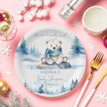 Polar bear arctic winter baby shower template paper plates<br><div class="desc">Polar bear arctic winter we can bearly wait baby shower tableware personalized template plates,  watercolor cute polar teddy bear wearing a blue scarf sitting on ice rock snowy pines winter themed baby shower welcome sign personalized baby shower plates</div>
