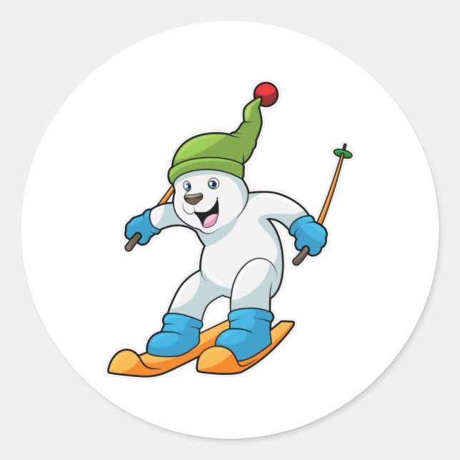 Polar bear as Skier with Ski & Bobble hat Classic Round Sticker (Front)