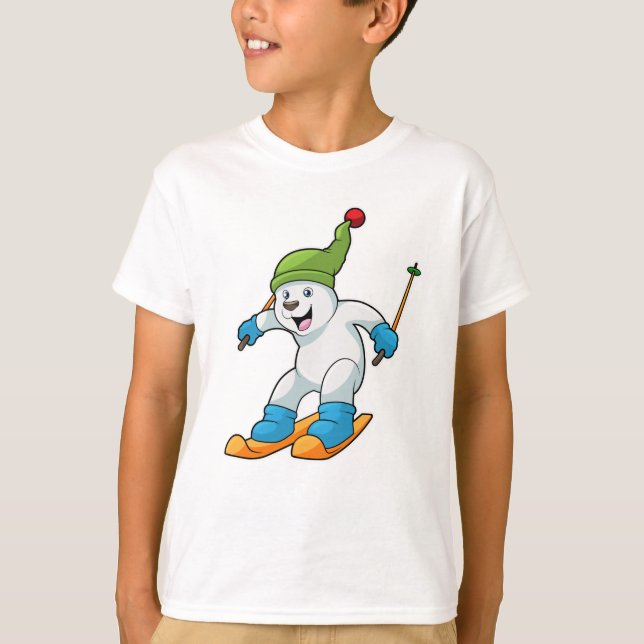 Polar bear as Skier with Ski & Bobble hat T-Shirt (Front)