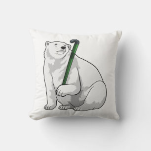 Polar bear at Hockey with Hockey stick Throw Pillow