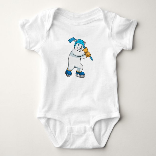 Polar bear at Ice hockey with Ice hockey stick Baby Bodysuit (Front)