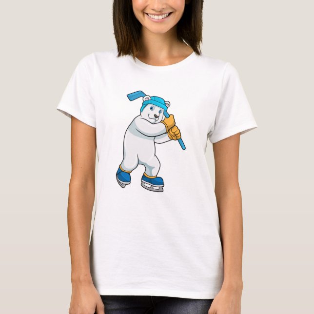 Polar bear at Ice hockey with Ice hockey stick T-Shirt (Front)