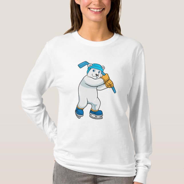 Polar bear at Ice hockey with Ice hockey stick T-Shirt (Front)