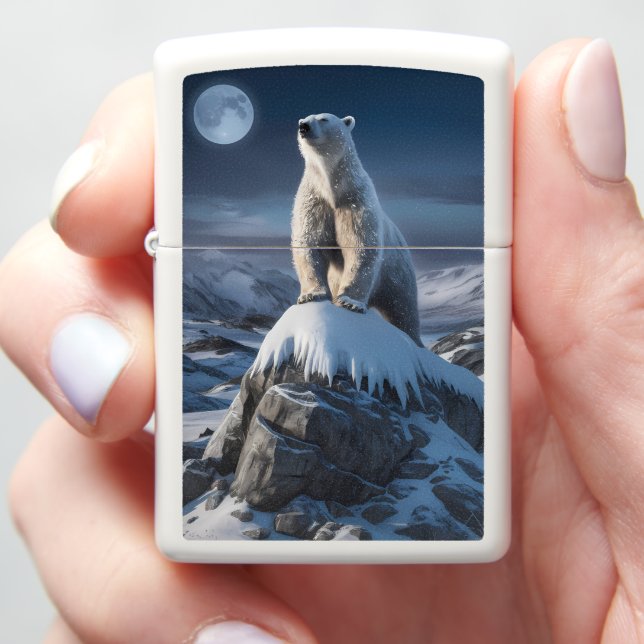 Polar Bear Atop Frosty Heights Zippo Lighter (In Hand)