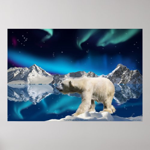 Polar Bear  Aurora Borealis 3 Wildlife Art Poster