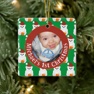 Polar bear baby 1st Christmas Customize photo text Ceramic Ornament