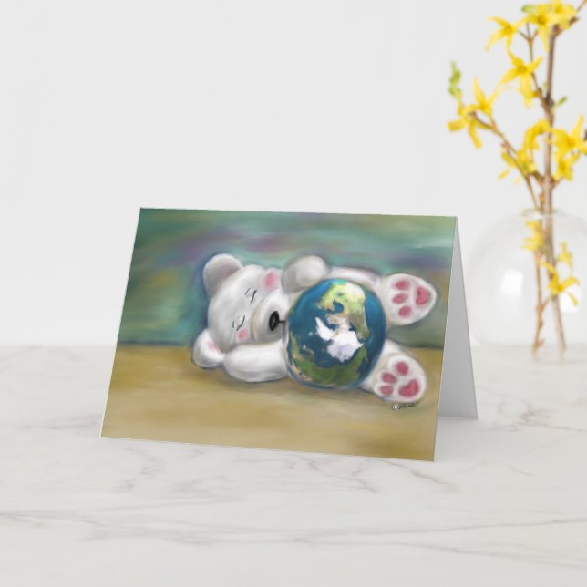 Polar Bear baby cub holding planet earth day Card (Yellow Flower)