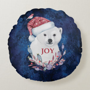 Polar Bear Baby Hat Bird Christmas Joy Round Pillow