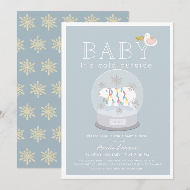 Polar Bear Baby Its Cold Outside Blue Baby Shower Invitation (Front/Back)