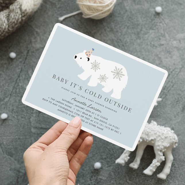 Polar Bear Baby It's Cold Outside Blue Baby Shower Invitation (Creator Uploaded)