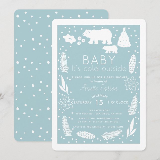 Polar Bear Baby It's Cold Outside Blue Baby Shower Invitation (Front/Back)