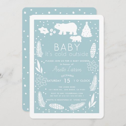 Polar Bear Baby Its Cold Outside Blue Baby Shower Invitation