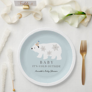 Polar Bear Baby It's Cold Outside Blue Baby Shower Paper Plates