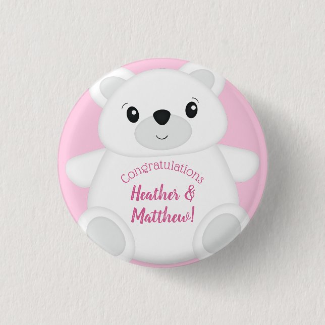 Polar Bear Baby Shower Pink Button (Front)