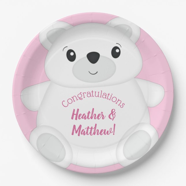 Polar Bear Baby Shower Pink Paper Plates (Front)