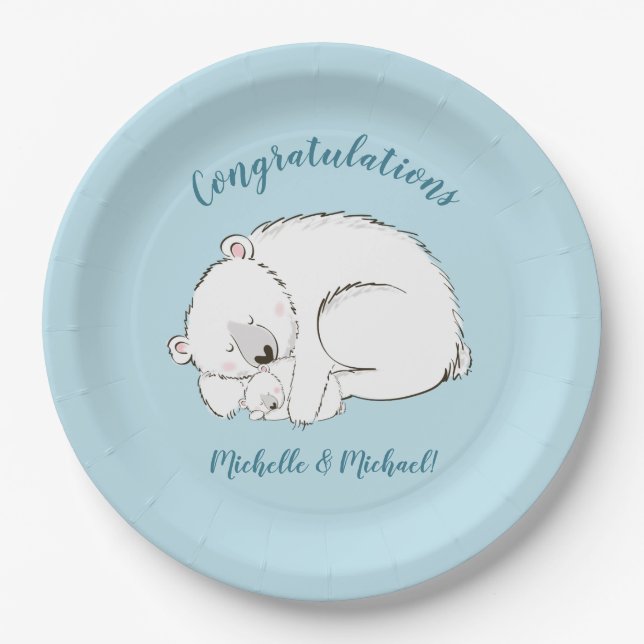 Polar Bear Baby Shower Winter Blue Boy Paper Plates (Front)