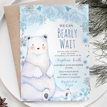 Polar Bear Bearly Wait Mountain Blue Baby Shower Invitation by HappyPartyStudio at Zazzle