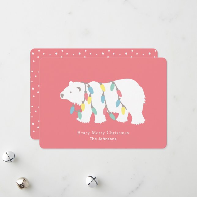 Polar Bear Beary Merry Christmas Lights Pink Holiday Card (Front/Back In Situ)