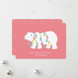 Polar Bear Beary Merry Christmas Lights Pink Holiday Card