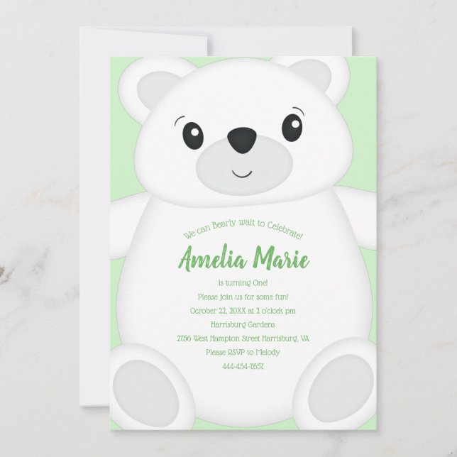 Polar Bear Birthday Party Green  Invitation (Front)