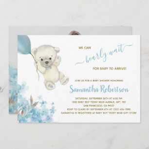Polar Bear Blue Balloon Watercolor Boy Baby Shower Invitation