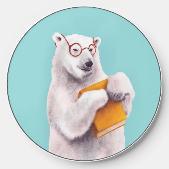 Polar Bear Book Lover Nerdy Wireless Charger (Front)
