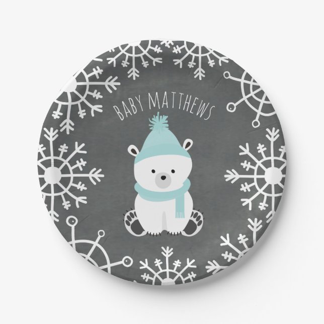 Polar Bear Boy Winter Baby Shower Paper Plates (Front)