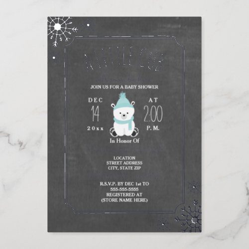 Polar Bear Boy Winter Baby Shower Snowflakes Foil Invitation