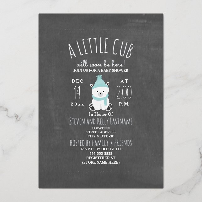 Polar Bear Boy Winter Baby Shower Snowflakes Foil Invitation (Front)