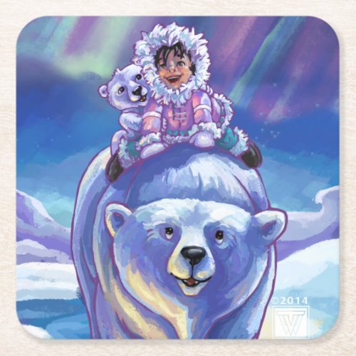 Polar Bear Bus Paintings Square Paper Coaster