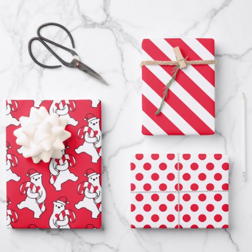 Polar Bear Candy Cane Wrapping Paper Set of 3