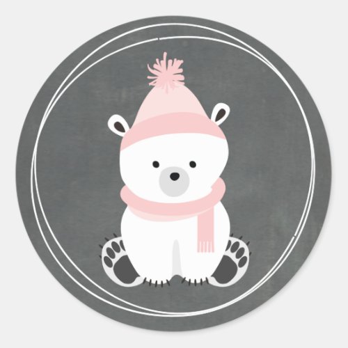 Polar Bear Chalkboard Inspired Pink Baby Shower Classic Round Sticker