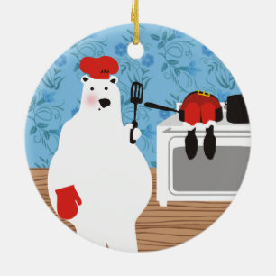 Polar bear chef cooking Santa Christmas ornament