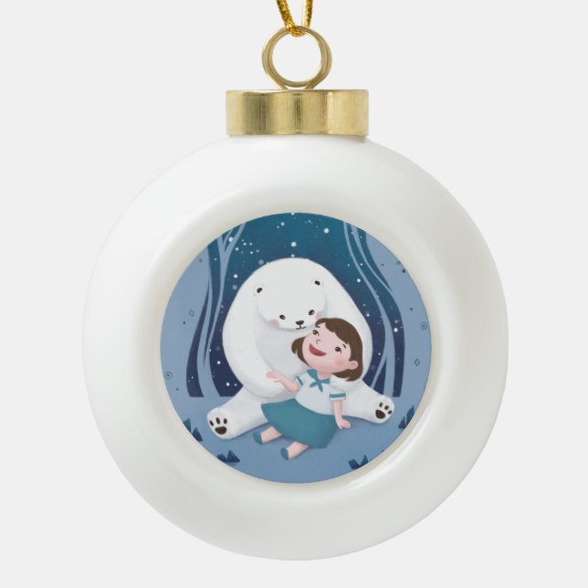 Polar Bear & Child Illustration Ceramic Ball Christmas Ornament (Front)