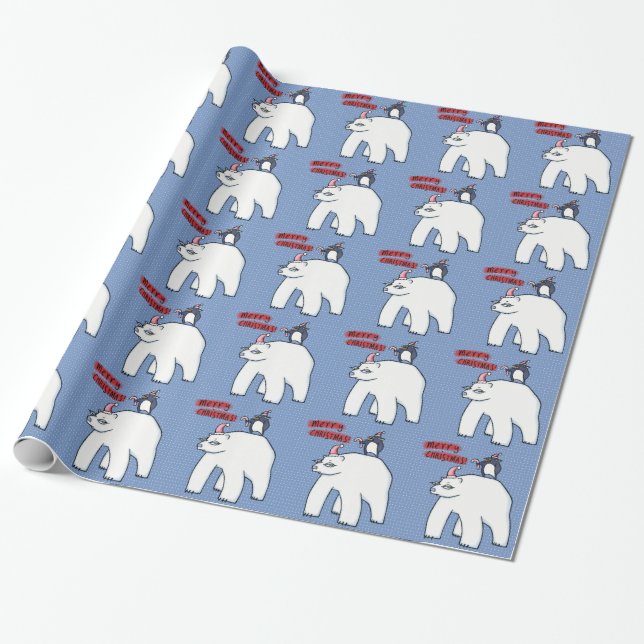 Polar Bear Christmas blue Wrapping Paper (Unrolled)