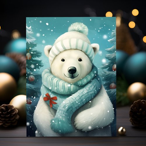 Polar Bear Christmas Elegance with a Festive Bow Postcard