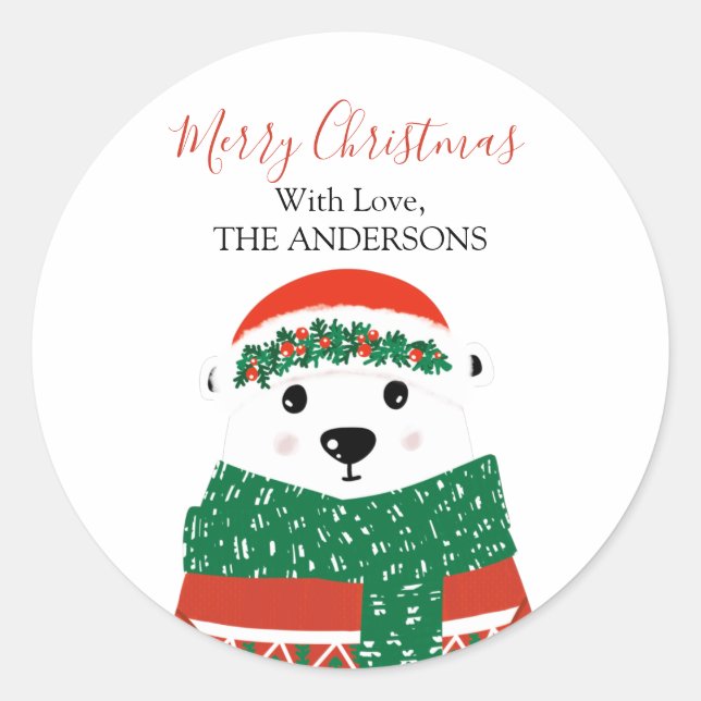 Polar Bear Christmas Family Name  Classic Round Sticker (Front)